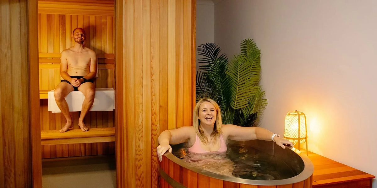 couple relaxing in an ice bath and sauna during a private recovery session in Perth
